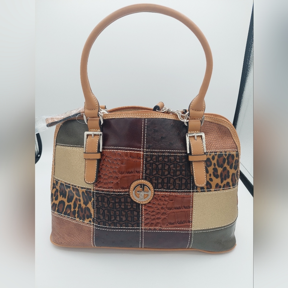 Giani Bernini Patchwork Leopard Accent Satchel in Brown, Tan, Gold